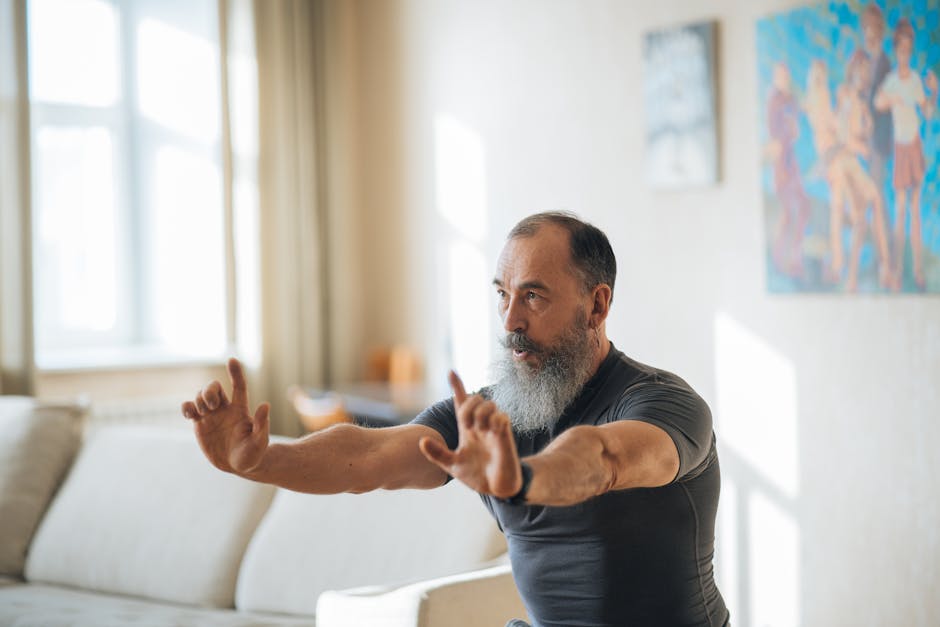 A senior man stretches in a bright living room, embracing fitness and positive aging.